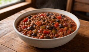 Ground beef and black bean chili with tomatoes, red pepper, and green chiles in a simple ceramic bowl