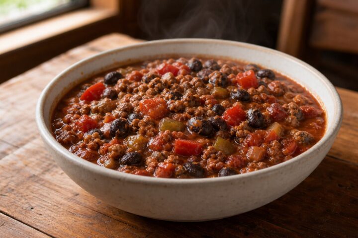 Ground beef and black bean chili with tomatoes, red pepper, and green chiles in a simple ceramic bowl