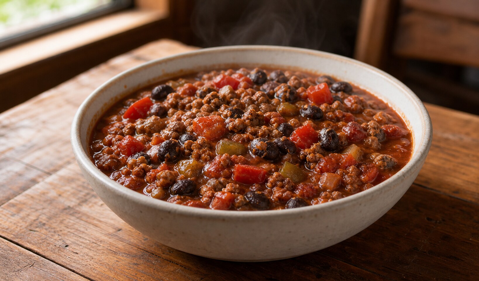 Ground beef and black bean chili with tomatoes, red pepper, and green chiles in a simple ceramic bowl