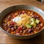 Tomato-red taco soup with ground beef, beans, corn, avocado, sour cream, tortilla chips, and grated cheese