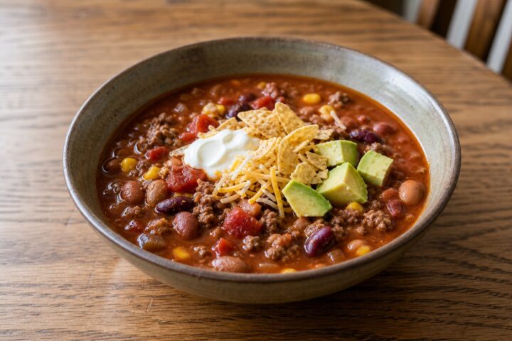 Tomato-red taco soup with ground beef, beans, corn, avocado, sour cream, tortilla chips, and grated cheese