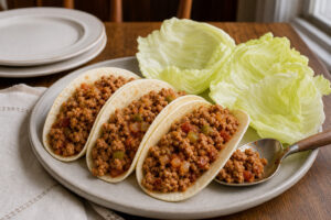 Ground turkey tacos in soft tortillas with iceberg lettuce leaves beside them