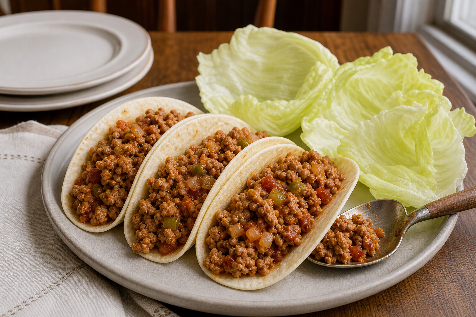 Ground turkey tacos in soft tortillas with iceberg lettuce leaves beside them