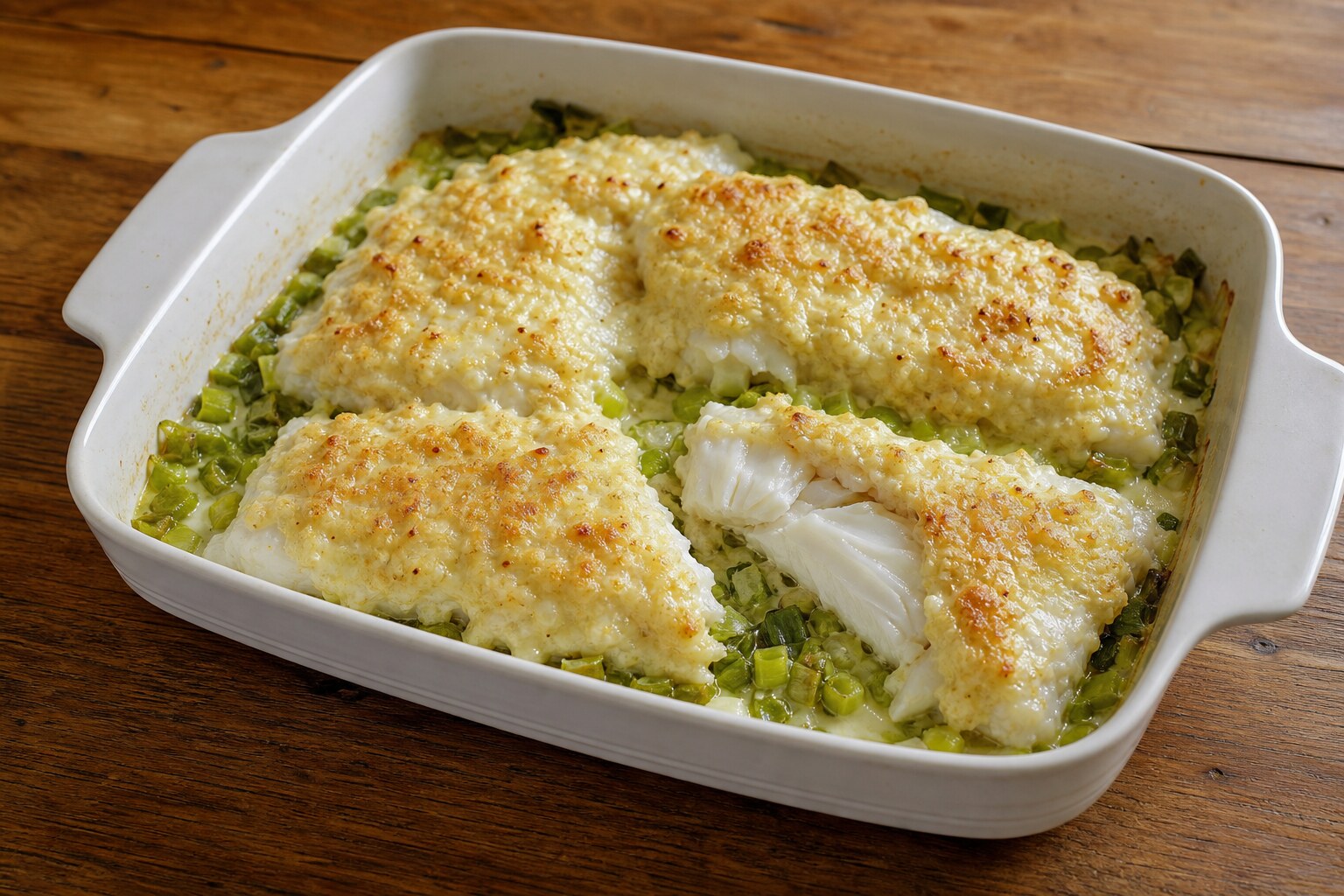 Halibut Olympia fillets baked with green onions under a creamy Parmesan topping in a serving dish