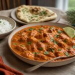 Indian butter chicken in tomato cream sauce with rice, naan, cilantro, and lime