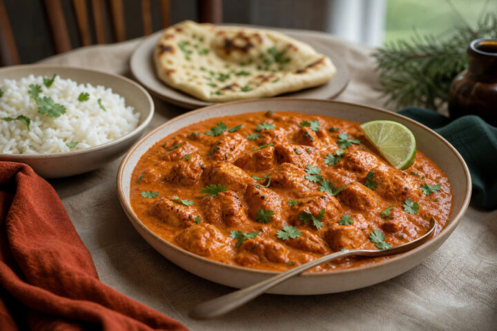 Indian butter chicken in tomato cream sauce with rice, naan, cilantro, and lime