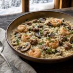 Creamy Italian sausage and prawn risotto with browned mushrooms, Parmesan, and chopped fresh basil in a bowl