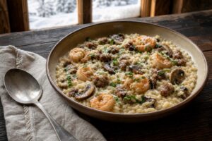 Creamy Italian sausage and prawn risotto with browned mushrooms, Parmesan, and chopped fresh basil in a bowl