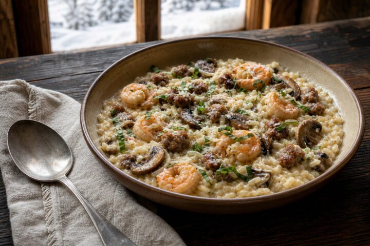 Creamy Italian sausage and prawn risotto with browned mushrooms, Parmesan, and chopped fresh basil in a bowl
