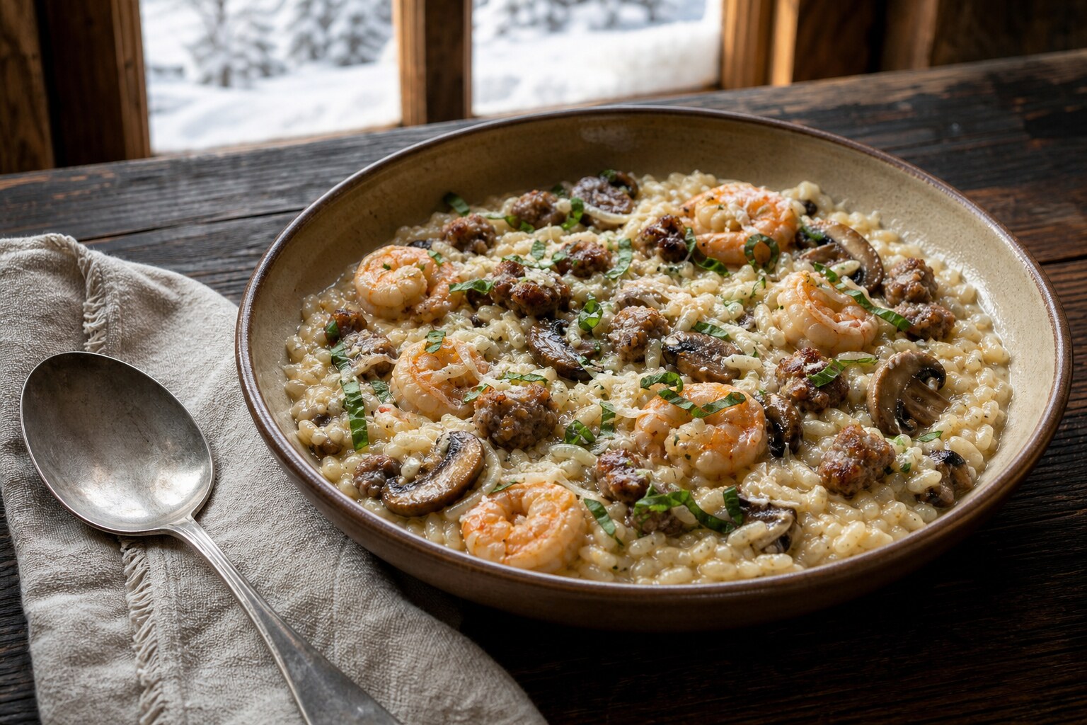 Creamy Italian sausage and prawn risotto with browned mushrooms, Parmesan, and chopped fresh basil in a bowl
