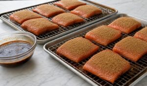 Molasses-brined salmon portions coated with brown sugar and lemon pepper on wire racks over sheet pans