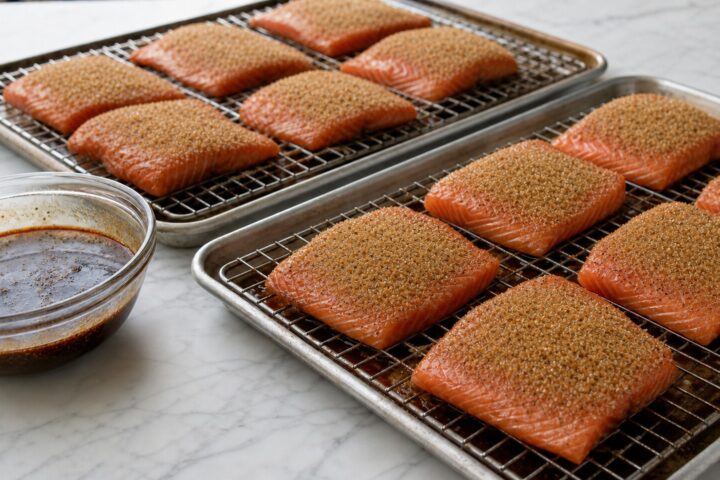 Molasses-brined salmon portions coated with brown sugar and lemon pepper on wire racks over sheet pans