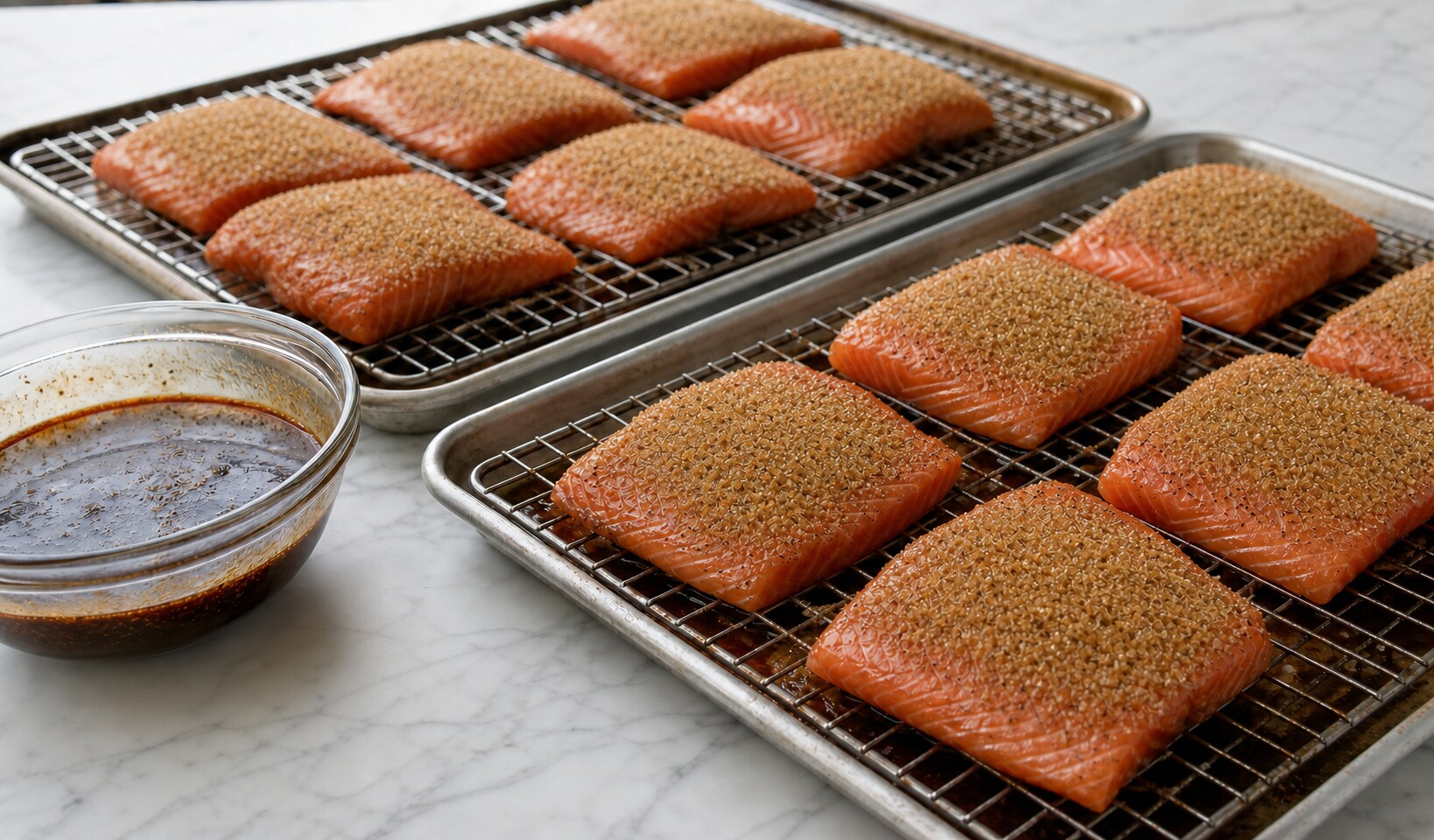 Molasses-brined salmon portions coated with brown sugar and lemon pepper on wire racks over sheet pans