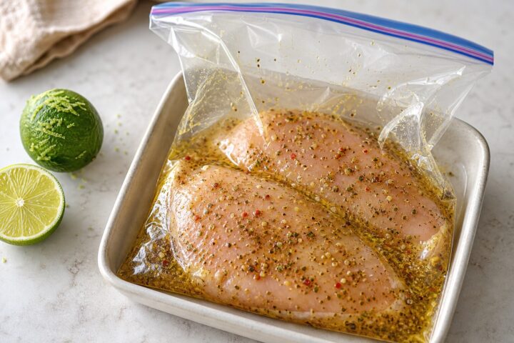 Two chicken breasts marinating with lime zest, oregano, coriander, and red pepper in a clear food bag