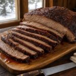 Oven barbecue brisket sliced across the grain with a caramelized brown sugar and spice coating on a platter