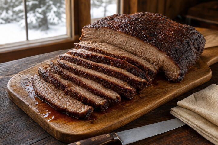 Oven barbecue brisket sliced across the grain with a caramelized brown sugar and spice coating on a platter