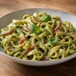 Green pesto tagliatelle with bacon strips, pine kernels, and fresh basil in a ceramic bowl