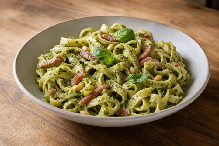 Green pesto tagliatelle with bacon strips, pine kernels, and fresh basil in a ceramic bowl