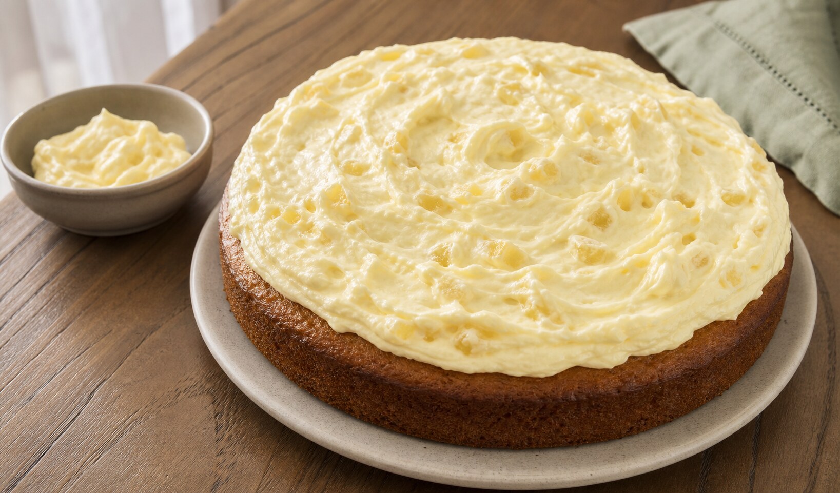 Pale pineapple cream topping spread in soft swirls over a plain round cake with crushed pineapple visible