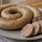 Swedish potato sausage coils with sliced beef, pork, and potato filling on a simple family table