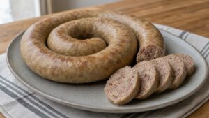 Swedish potato sausage coils with sliced beef, pork, and potato filling on a simple family table