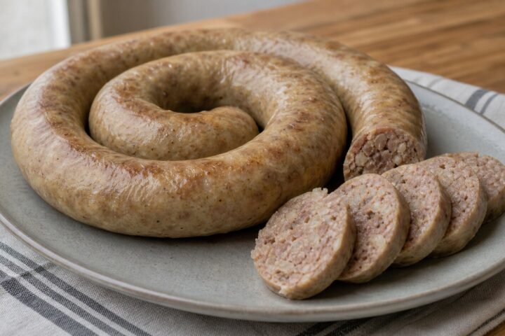 Swedish potato sausage coils with sliced beef, pork, and potato filling on a simple family table