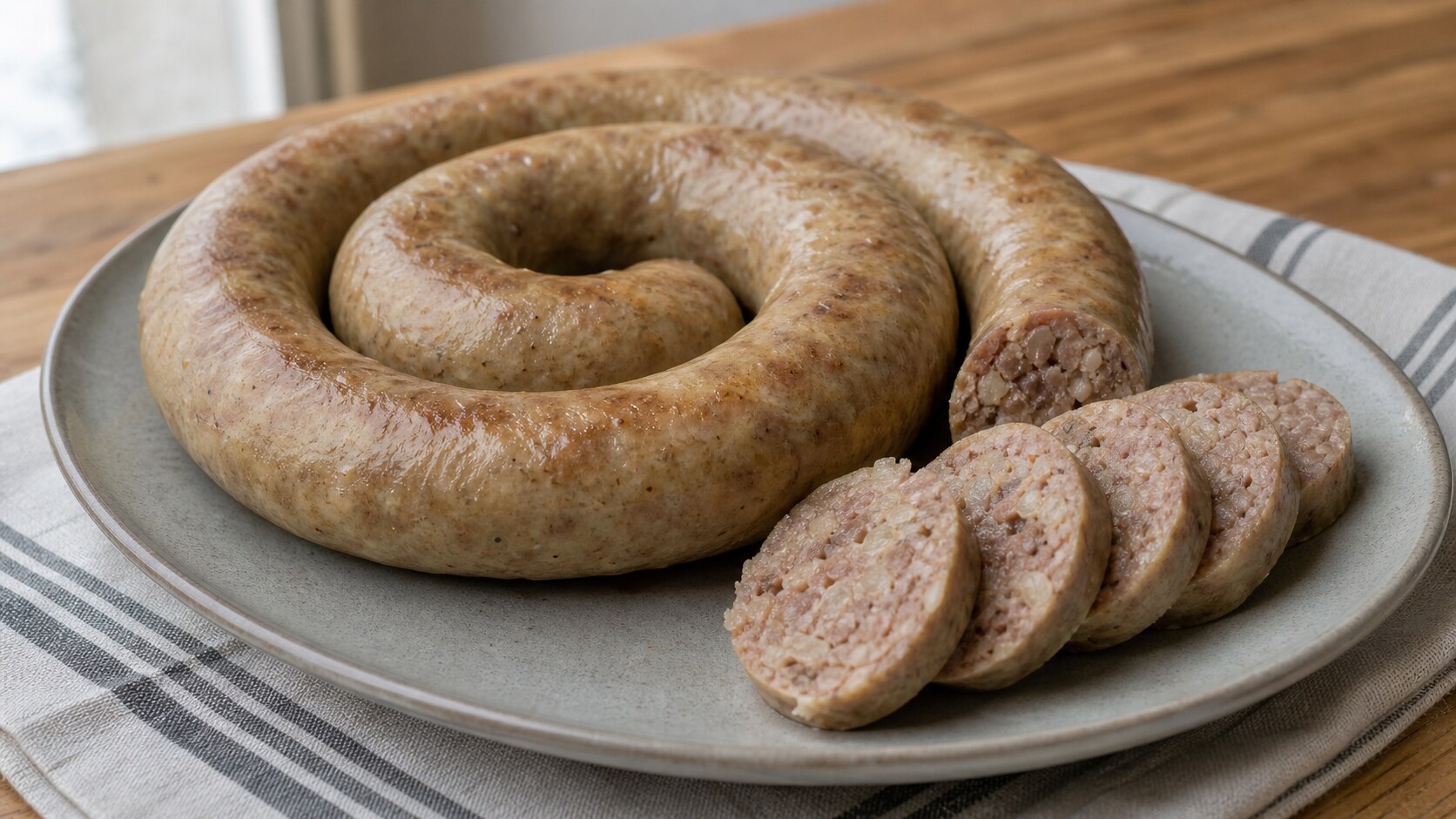 Swedish potato sausage coils with sliced beef, pork, and potato filling on a simple family table