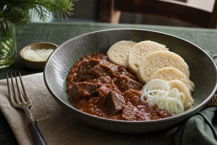 Prague beef goulash with tender beef cubes, red-brown paprika sauce, bread dumplings, and sliced onion
