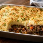 Quick shepherd’s pie with browned mashed potatoes over savory ground beef, carrots, onions, peas, and gravy