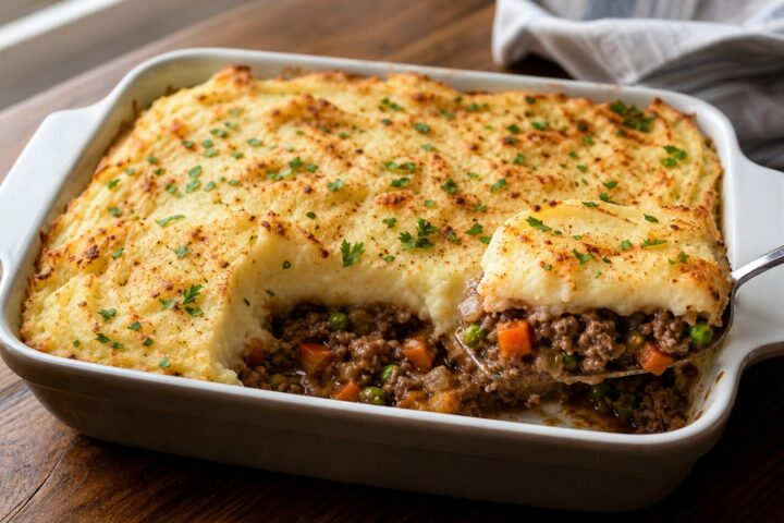 Quick shepherd’s pie with browned mashed potatoes over savory ground beef, carrots, onions, peas, and gravy
