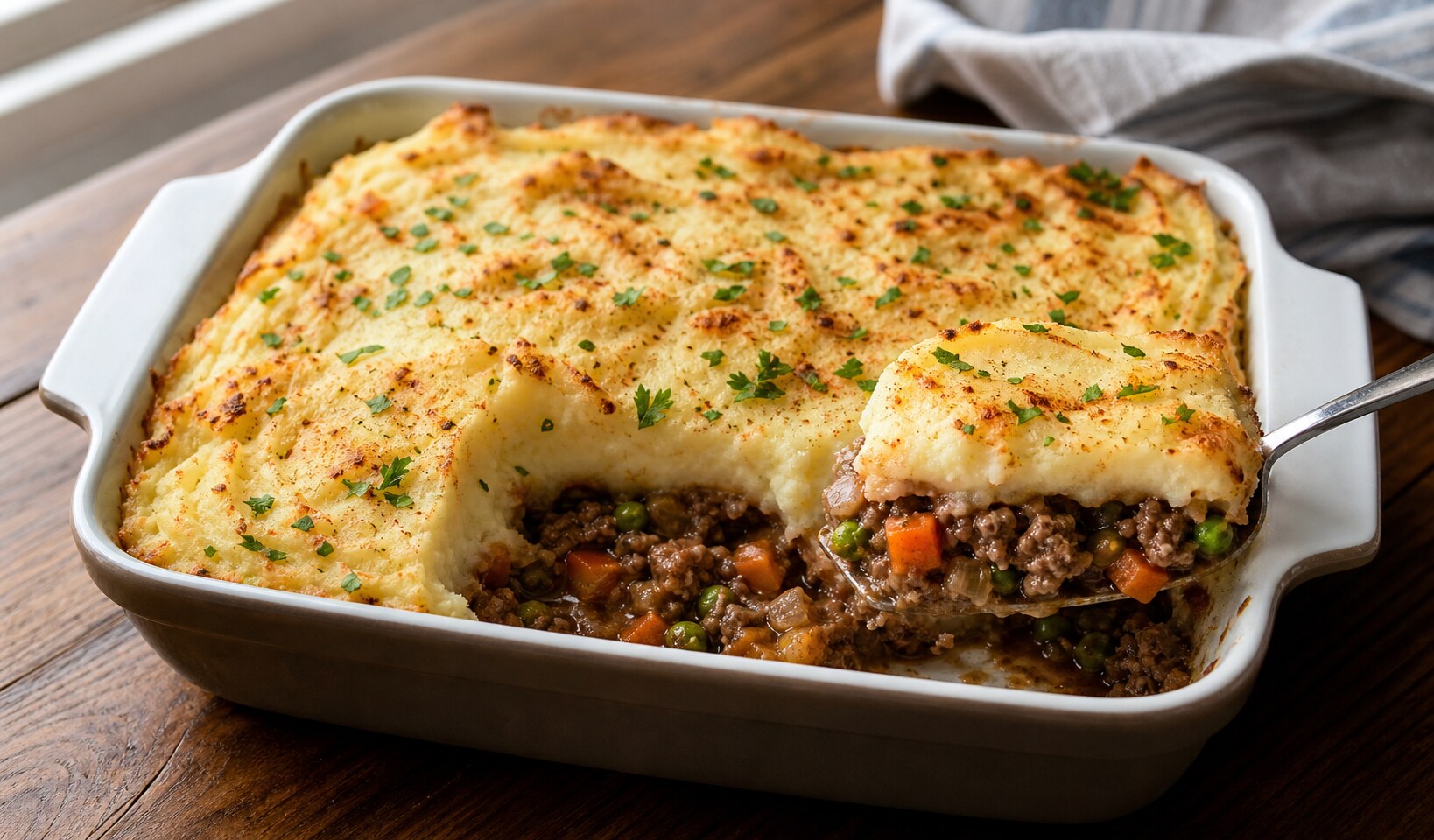 Quick shepherd’s pie with browned mashed potatoes over savory ground beef, carrots, onions, peas, and gravy