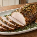 Sliced rosemary garlic pork roast with a browned herb crust and tender roasted halved garlic bulbs on a family table