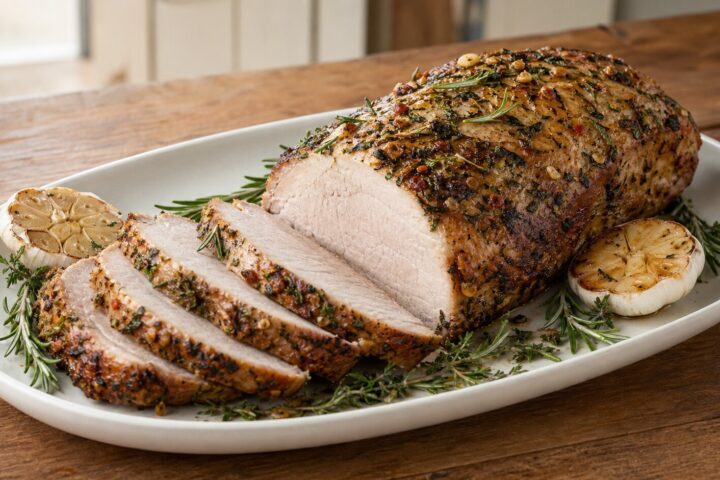 Sliced rosemary garlic pork roast with a browned herb crust and tender roasted halved garlic bulbs on a family table