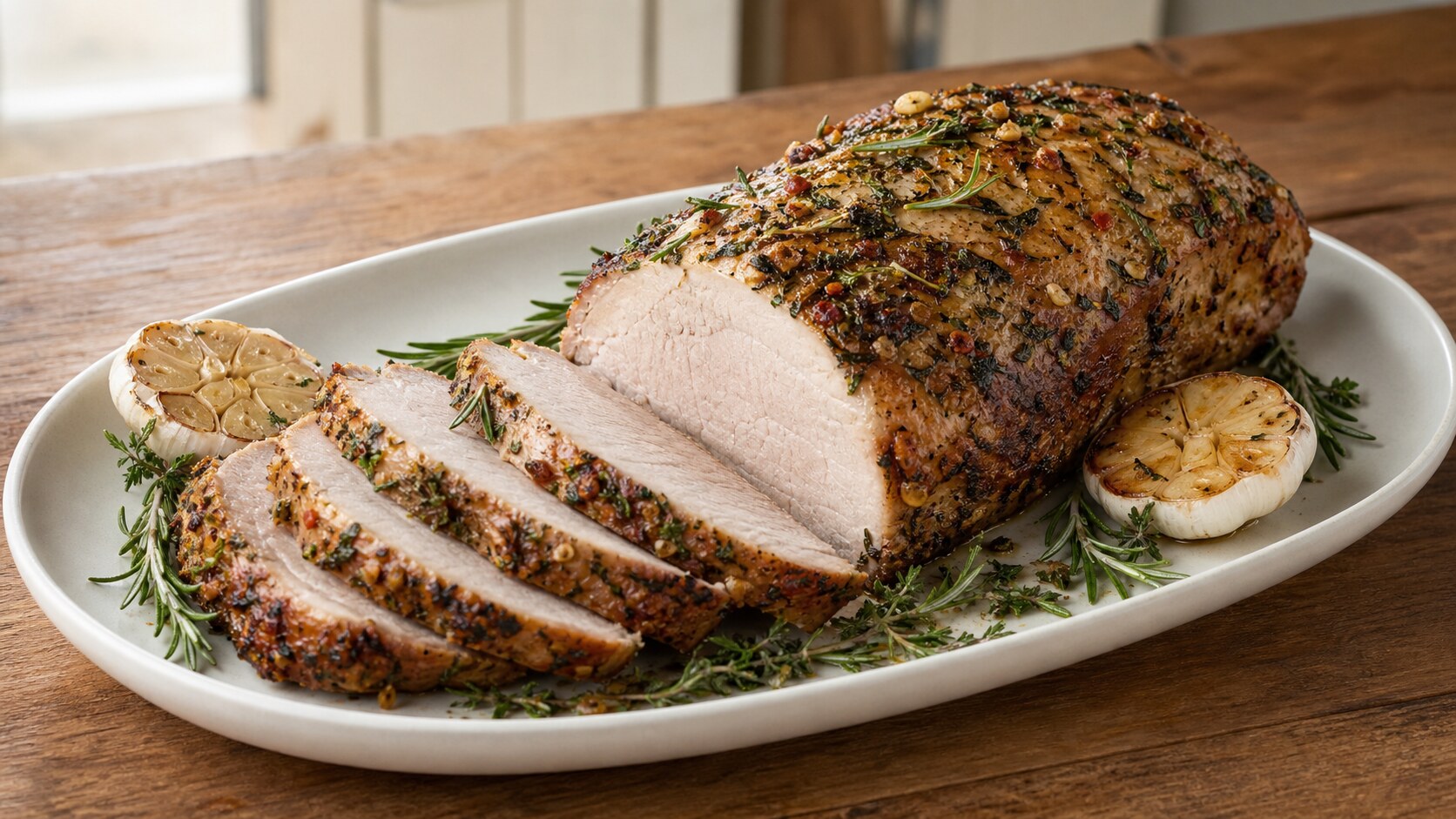Sliced rosemary garlic pork roast with a browned herb crust and tender roasted halved garlic bulbs on a family table