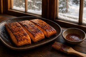 Rum glazed grilled salmon portions with glossy amber brown sugar sauce on a dark serving platter