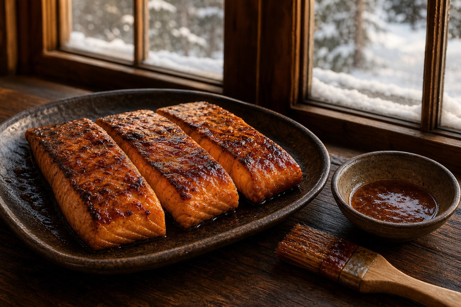Rum glazed grilled salmon portions with glossy amber brown sugar sauce on a dark serving platter