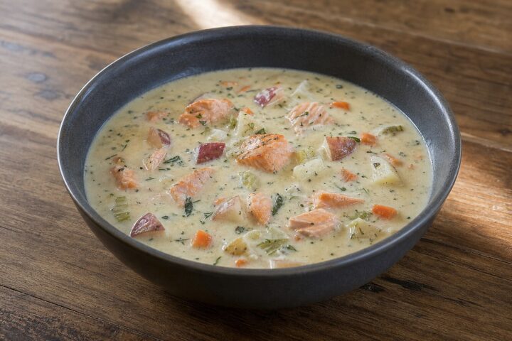 Creamy salmon chowder with red-skinned potato pieces, carrots, celery, and dill in a dark bowl