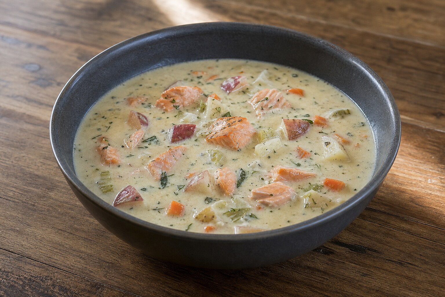 Creamy salmon chowder with red-skinned potato pieces, carrots, celery, and dill in a dark bowl