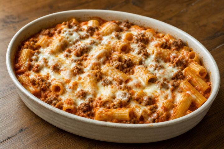 Baked rigatoni in orange tomato cream sauce with browned meat and melted mozzarella in a ceramic dish