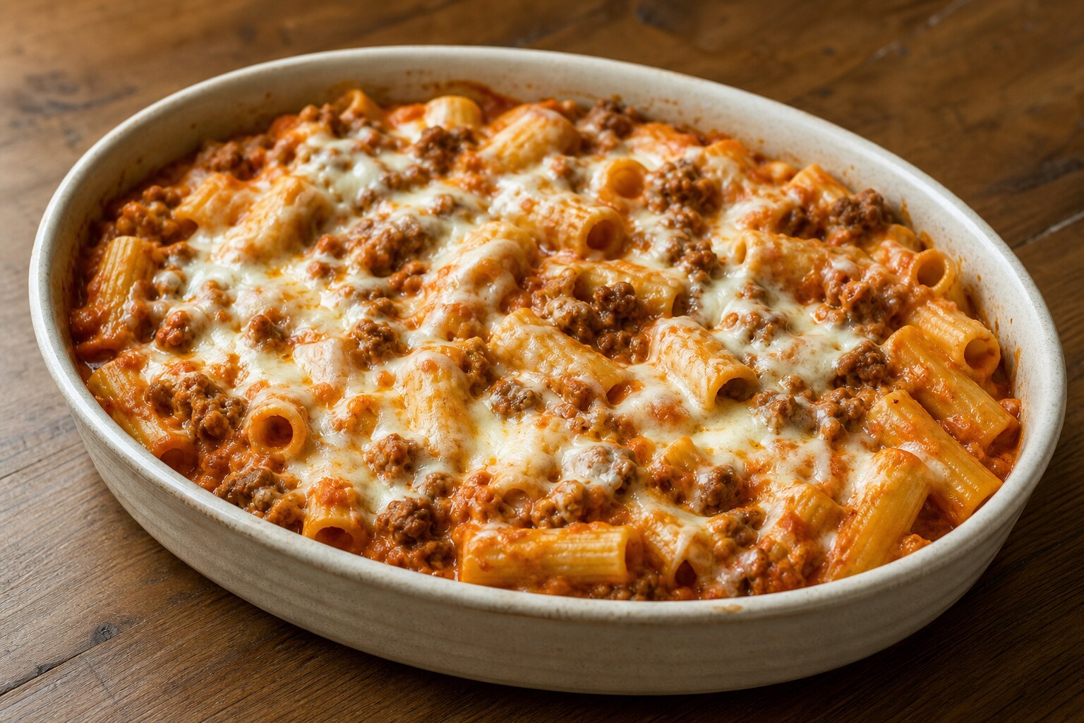 Baked rigatoni in orange tomato cream sauce with browned meat and melted mozzarella in a ceramic dish