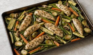 Garlic chicken tenders roasted with asparagus, carrots, zucchini, Brussels sprouts, green beans, and mushrooms on a sheet pan