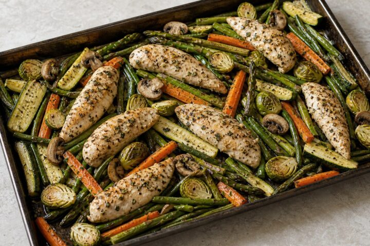 Garlic chicken tenders roasted with asparagus, carrots, zucchini, Brussels sprouts, green beans, and mushrooms on a sheet pan