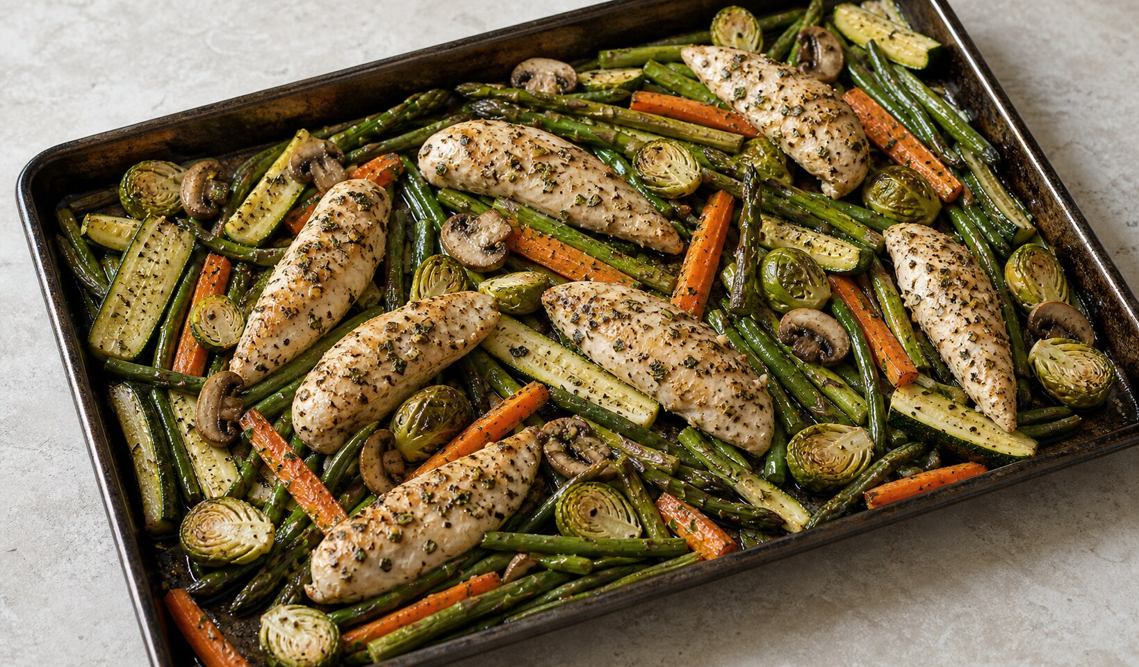 Garlic chicken tenders roasted with asparagus, carrots, zucchini, Brussels sprouts, green beans, and mushrooms on a sheet pan