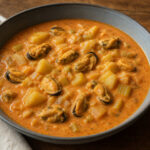 Tomato cream mussel chowder with potato cubes and mussel meat in a deep ceramic bowl