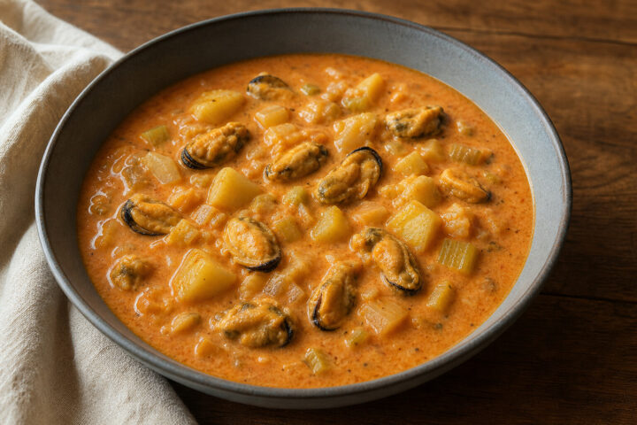 Tomato cream mussel chowder with potato cubes and mussel meat in a deep ceramic bowl
