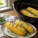 Coconut corn on the cob with thyme in a slow cooker and on a serving platter