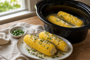 Coconut corn on the cob with thyme in a slow cooker and on a serving platter