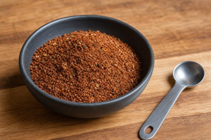 Reddish-brown smoky steak dry rub with oregano flecks in a dark ceramic bowl beside a measuring spoon