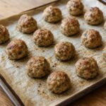 Browned herb-flecked turkey meatballs on a parchment-lined rimmed baking sheet