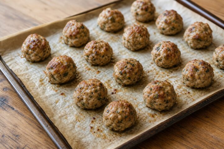 Browned herb-flecked turkey meatballs on a parchment-lined rimmed baking sheet
